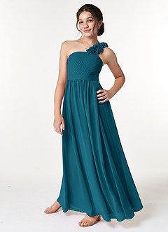 Azazie Flower Junior Ink Blue A-Line Pleated Chiffon Dress image5