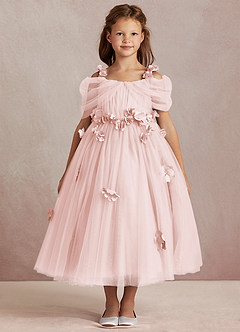 Azazie Shaylee Jurken voor bloemenmeisjes A-Lijn Jurk van Tule Off the Shoulder Blozend Roze image3