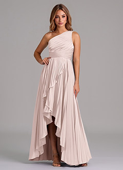 Azazie Lyrica Bridesmaid Dresses Blushing Pink A-Line One Shoulder Stretch Satin Dress image1