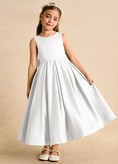 Azazie Cailee Flower Girl Dresses White Ball-Gown Pleated Matte Satin Dress image2