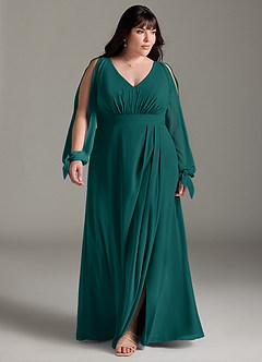 Azazie Matilda Bridesmaid Dresses Peacock A-Line Long Sleeve Chiffon Dress image14