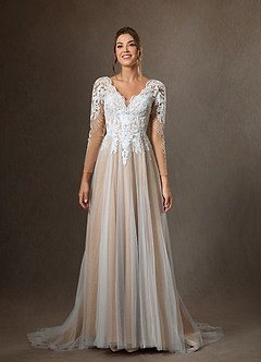 Azazie Essy Wedding Dresses Diamond White Nude A-Line V-Neck Sequins Tulle Dress image4