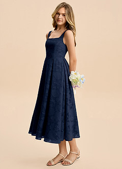 Azazie Amalie Junior Dark Navy A-Line Ruched Floral Burnout Dress image5