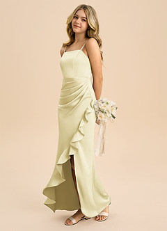 Azazie Buzzy Junior Lemon Sorbet Sheath Pleated Stretch Satin Dress image6