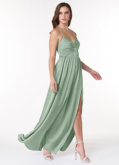 Azazie Raya Schlussverkauf A-Linie V-Hals Gefaltet Stretch-Satin Kleid Agave image4