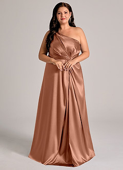 Azazie Brooke Bridesmaid Dresses Bronzer A-Line One Shoulder Metallic Satin Dress image11