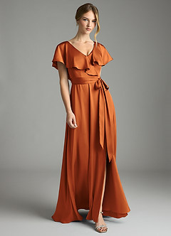 Azazie Lainey Vestidos de damas de honor Vestido de Canela de Satén Elástico de Corte en A con Con bolsillos image1