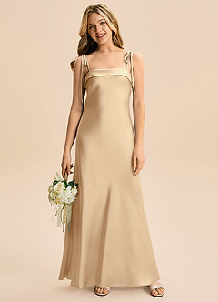 Azazie Willa Junior Vestido de Champán de Satén Elástico de Corte en A con Lazo image4