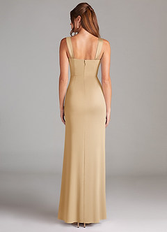 Azazie Denice Bridesmaid Dresses Gold Sheath Pleated Stretch Satin Dress image2