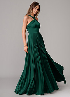 Azazie Afra Bridesmaid Dresses Emerald A-Line Pleated Stretch Satin Dress image3