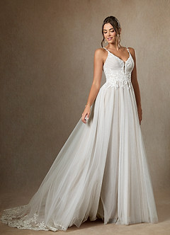 Azazie Devi Wedding Dresses Diamond White A-Line V-Neck Lace Tulle Dress image11
