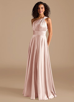 Azazie Charlize Bridesmaid Dresses Blushing Pink A-Line One Shoulder Metallic Satin Dress image2