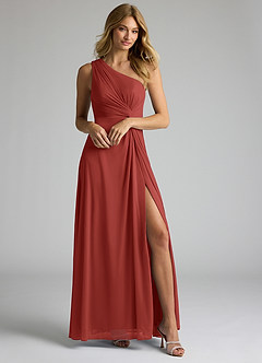 Azazie Brooke Bridesmaid Dresses Terracotta A-Line One Shoulder Mesh Dress image1
