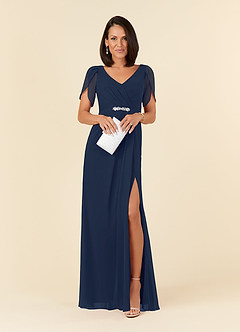 Azazie Marianne Mother of the Bride Dresses Dark Navy Sheath V-Neck Pleated Chiffon Dress image4