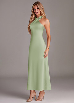 Azazie Doretta 신부 들러리 드레스 인어 주름진 스트레치 새틴 발목 길이 드레스 image4