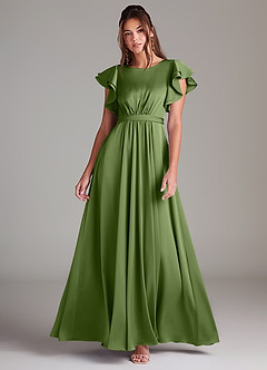 Azazie Daphne Modest Bridesmaid Dresses A-Line Ruched Stretch Satin Floor-Length Dress image1