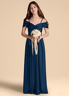 Azazie Kaitlynn Junior Dark Navy A-Line Off the Shoulder Stretch Satin Dress image4