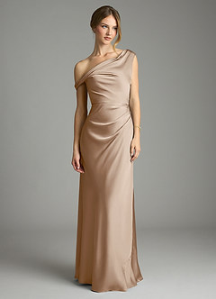 Azazie Emerson Bridesmaid Dresses Taupe Mermaid Off the Shoulder Stretch Satin Dress image3
