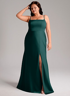 Azazie Lidia Bridesmaid Dresses Pine Mermaid Side Slit Stretch Satin Dress image8
