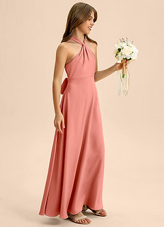 Azazie Beah Junior Salmon Pink A-Line Pleated Stretch Satin Dress image6