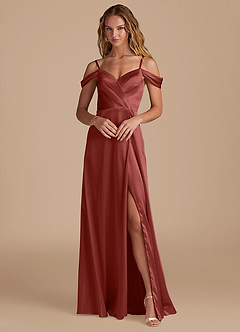 Azazie Ocean Bridesmaid Dresses Terracotta A-Line Off the Shoulder Metallic Satin Dress image1