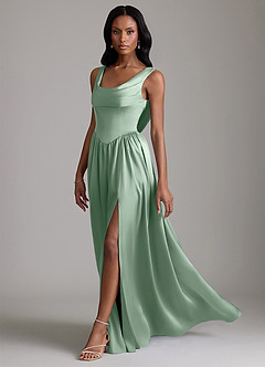 Azazie Novi Vestidos de damas de honor Vestido de Agave de Satén Elástico de Corte en A con Con bolsillos image6