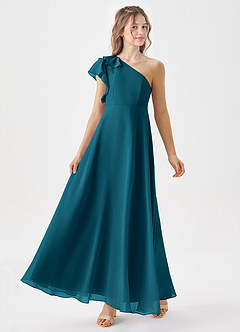 Azazie Arabella Junior Abito A-Line in Chiffon Increspato Blu Inchiostro image4