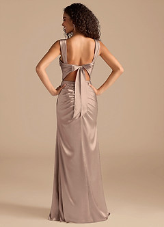 Azazie Jesaphine Bridesmaid Dresses Taupe Sheath Bow Metallic Satin Dress image4