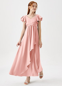 Azazie Omari Junior Powder Pink A-Line Pleated Stretch Satin Dress image6