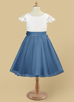 Azazie Vetty Flower Girl Dresses Ivory Steel Blue A-Line Lace Tulle Dress image9