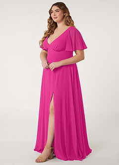 Azazie Kimber Bridesmaid Dresses Fuchsia A-Line Flounce Sleeve Chiffon Dress image11