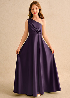 Azazie Puddles Girls Formal vestidos de niña de las flores Vestido de Ciruela de Satin Mate de Corte en A con Hombro unilateral image5