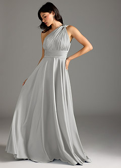 Azazie Charlize Bridesmaid Dresses Silver A-Line One Shoulder Stretch Satin Dress image5