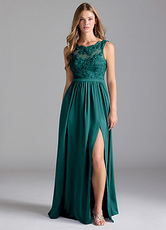 Azazie Elly Bridesmaid Dresses Peacock A-Line Lace Stretch Satin Dress image3