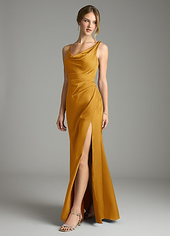 Azazie Samara Robes de demoiselle d'honneur Robe Sirène en Satin extensible Plissée Caramel écossais image3