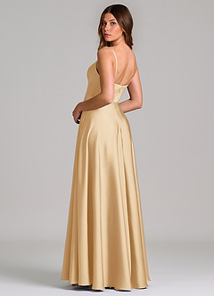 Azazie Amani Bridesmaid Dresses Gold A-Line Pleated Stretch Satin Dress image2