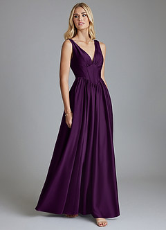 Azazie Delmie Vestidos de madrinha de casamento Vestido Uva de Cetim elástico de Linha A com Espartilho image5