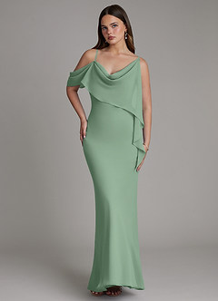 Azazie Yura Vestidos de damas de honor Vestido Matcha de Gasa de Corte Sirena con Hombros descubiertos image4