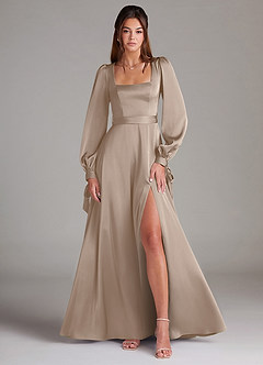 Azazie Leonia Bridesmaid Dresses Taupe A-Line Long Sleeve Stretch Satin Dress image7