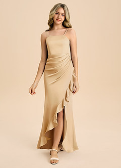 Azazie Buzzy Junior Gold Sheath Pleated Stretch Satin Dress image5