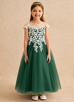 Azazie Dandelion Flower Girl Dresses Dark Green Ball-Gown Lace Dress image4