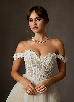 Azazie Sorel Hochzeitskleider Ballkleid Schulterfrei Spitze Kleid Diamantweiß Nude image7