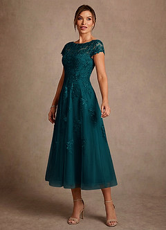 Azazie Jolanda 신부의 어머니 드레스 A라인 레이스 티 길이 드레스 image4