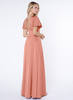 Azazie Lani Bridesmaid Dresses Coral A-Line Flounce Sleeve Stretch Satin Dress image5
