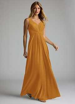 Azazie Gina Bridesmaid Dresses Butterscotch A-Line V-Neck Pleated Chiffon Dress image3