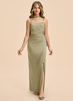 Azazie Calandra Junior Moss Green Sheath Pleated Stretch Satin Dress image5