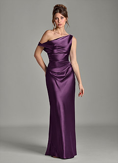 Azazie Emerson Bridesmaid Dresses Plum Mermaid Off the Shoulder Metallic Satin Dress image1