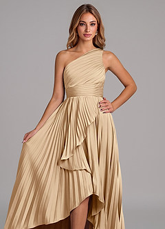 Azazie Lyrica Bridesmaid Dresses Champagne A-Line One Shoulder Stretch Satin Dress image4