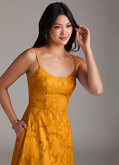 Azazie Moira Bridesmaid Dresses Butterscotch A-Line Side Slit Floral Burnout Dress image5