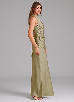 Azazie Evadne Bridesmaid Dresses Moss Green A-Line Pleated Stretch Satin Dress image4